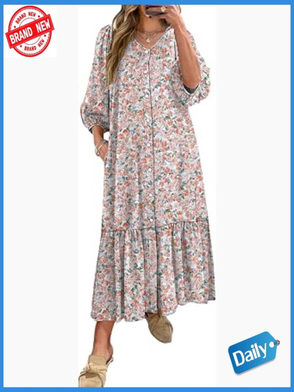 Boho Maxi Dress with Puff Sleeves Pockets Flowy Casual Loose Fit